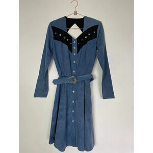 Western Attitude Womens Long Sleeve Belted Pleated Long Dress Blue Black M 7/8